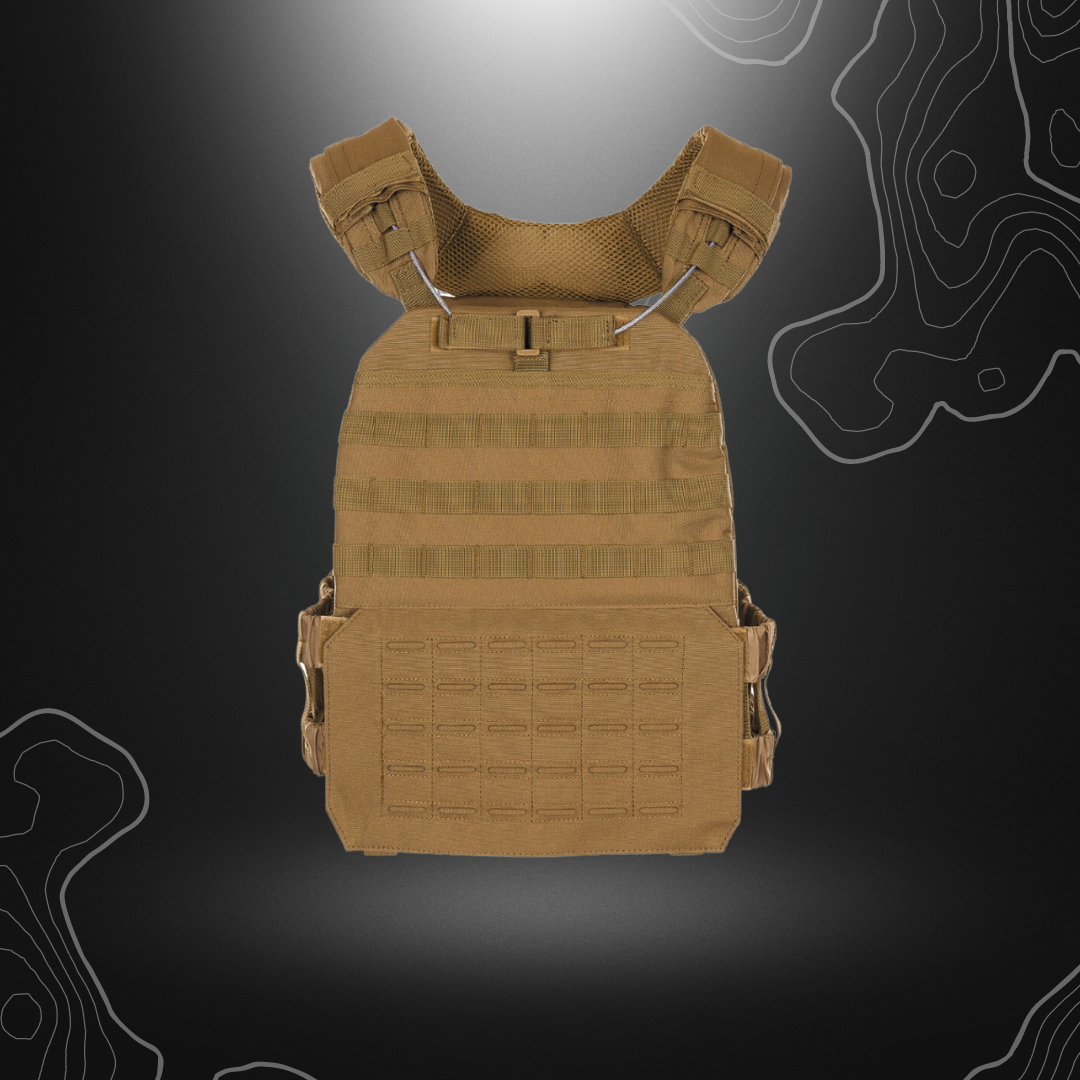 Gilet de combat SMB Laser Cut Coyote de la marque MFH, léger et confortable avec système de largage, rembourrage aux épaules, poitrine et dos, bandes élastiques et réglables,