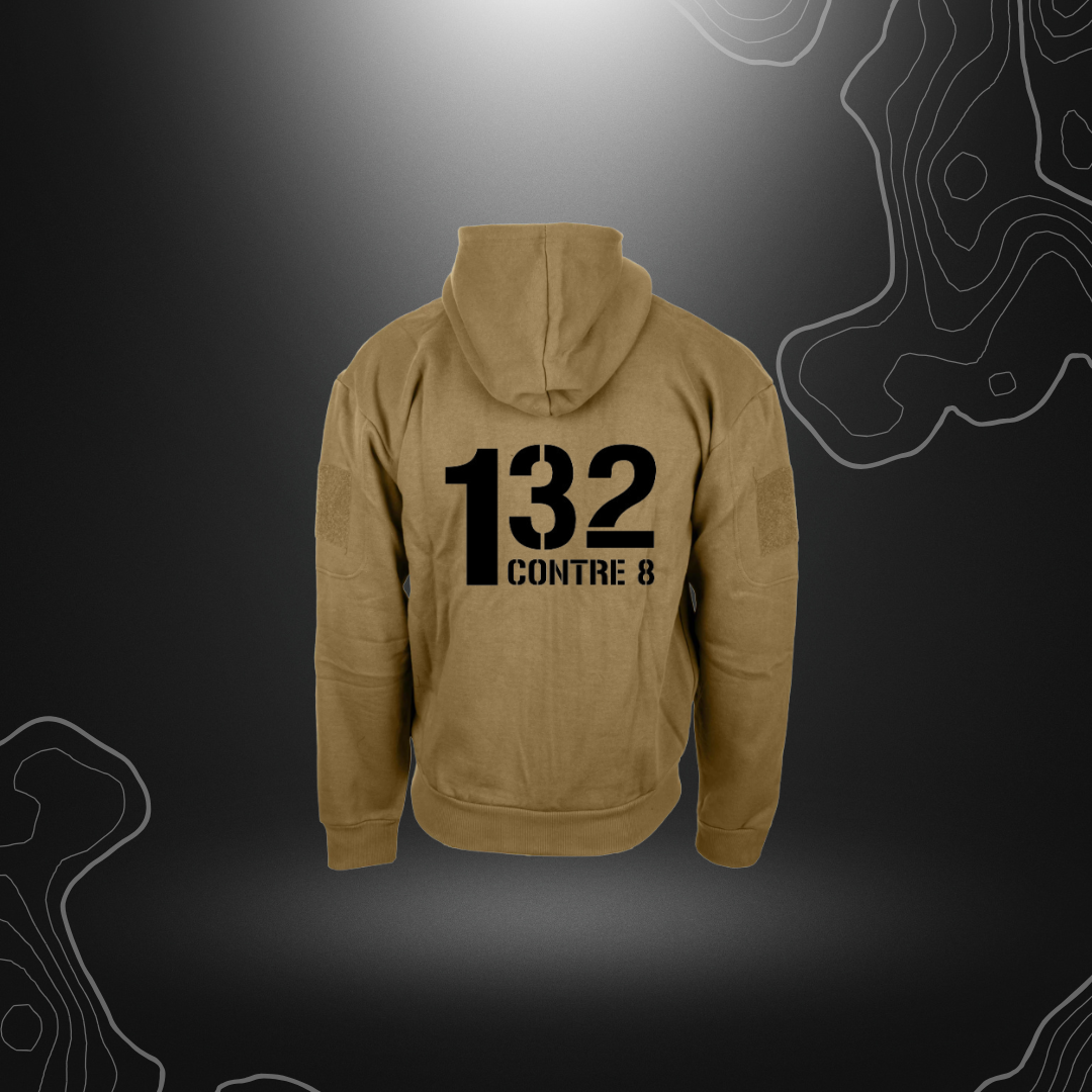 Sweat 132 1 Contre 8 Zip Tan avec capuche, fermeture éclair et poches, réservé aux personnels de la défense