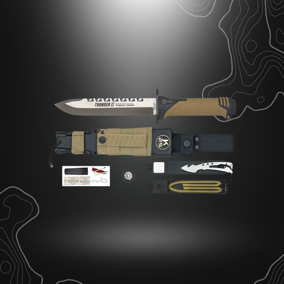 Poignard tactique Thunder II Camo Sable avec lame fixe de 16.8 cm, manche caoutchouté antidérapant, kit de survie intégré et étui camouflage