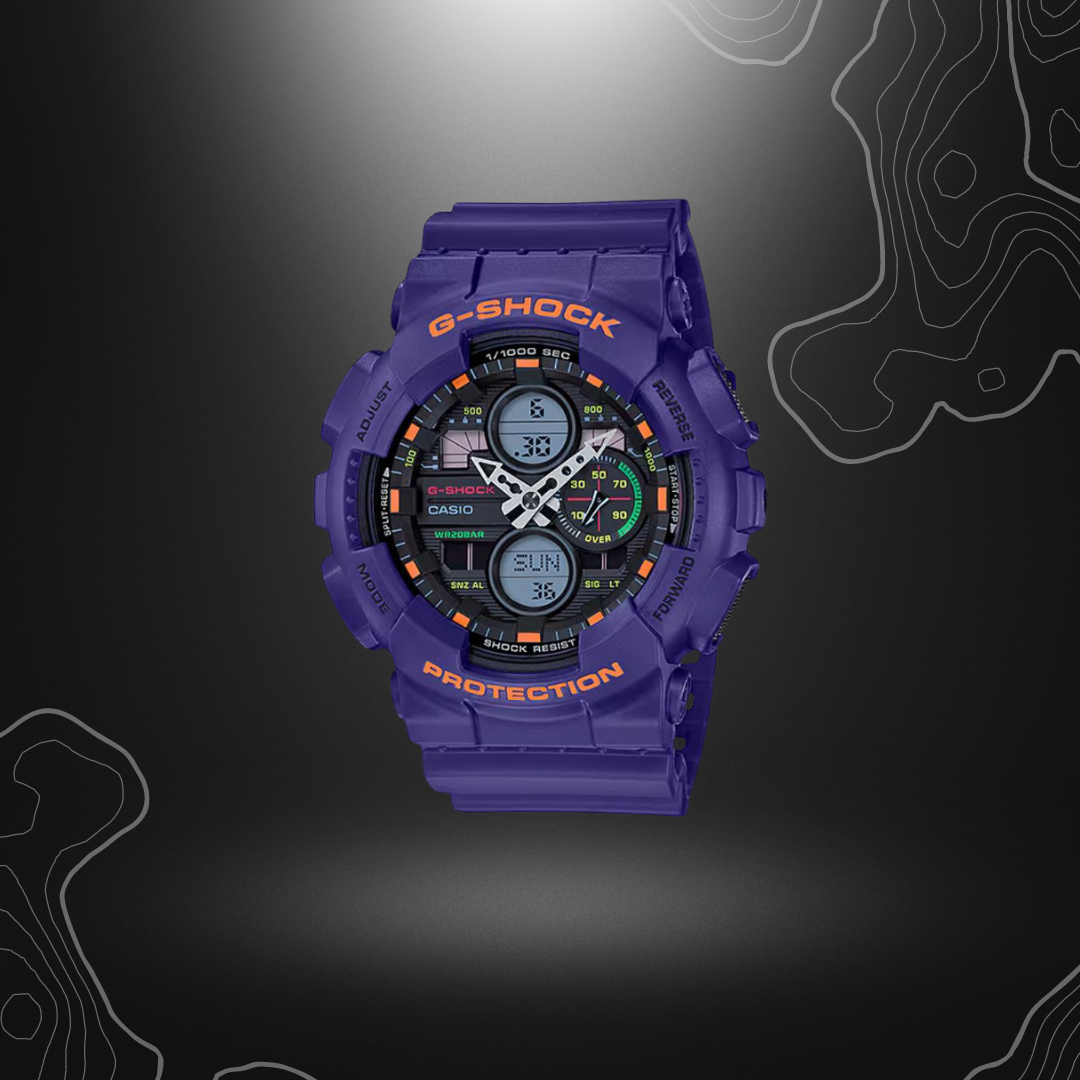Montre G-SHOCK GA-140-6AER violette de Casio avec un design moderne, robuste et inspiré des années 90, disposant d'un chronomètre et résistante aux champs magnét
