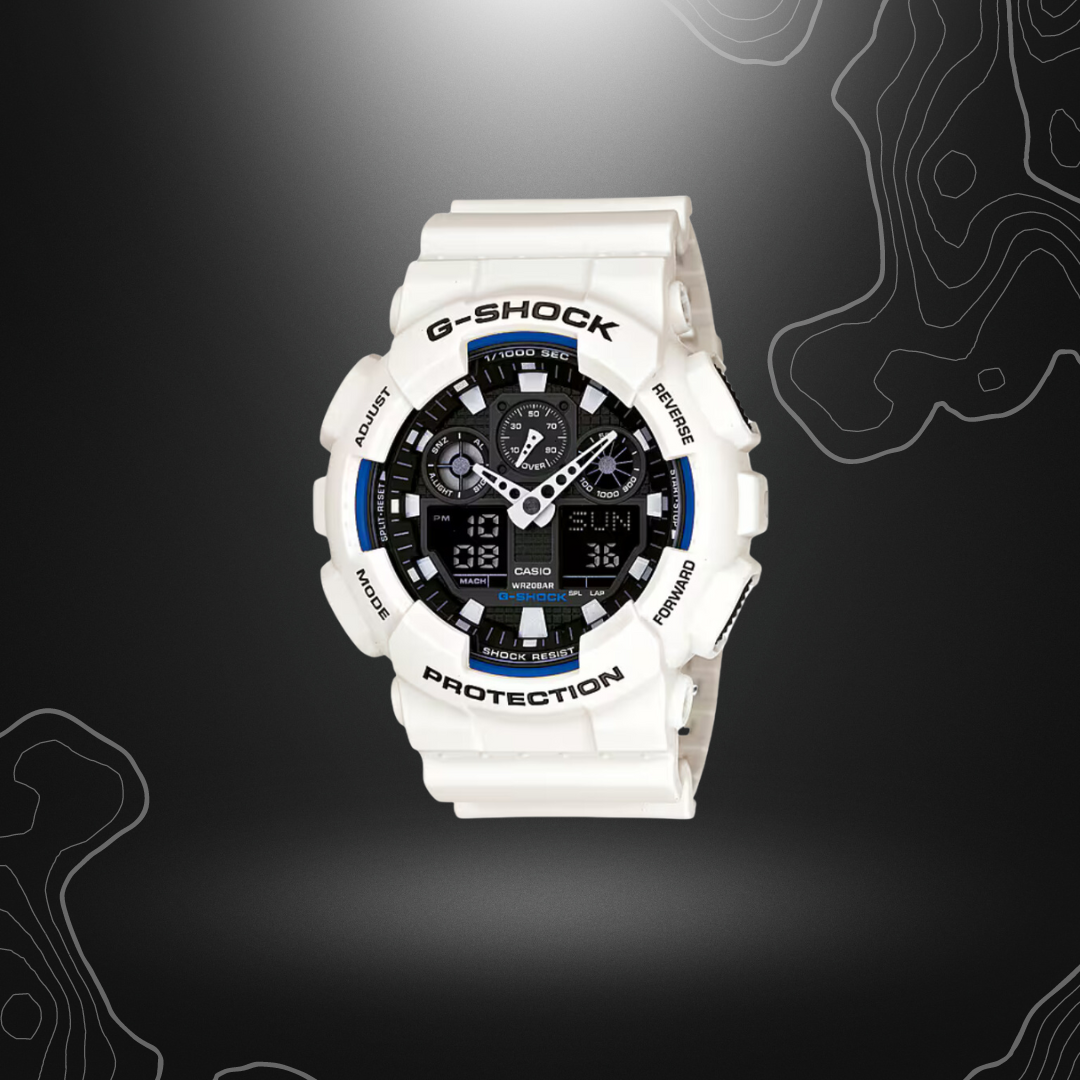 Montre G-Shock GA-100B-7AER blanche de Casio avec cadran analogique et numérique, bracelet noir et blanc mat, quatre fenêtres LCD symétriques et résistance magnétique de classe