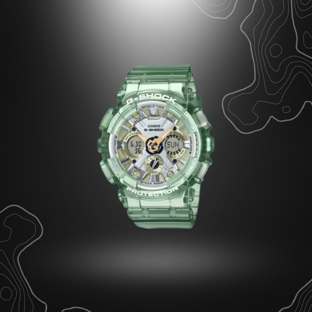 Montre G-Shock GMA-S120GS-3AER vert métallique de Casio avec bracelet et boîtier transparents, cadran bicolore or et argent