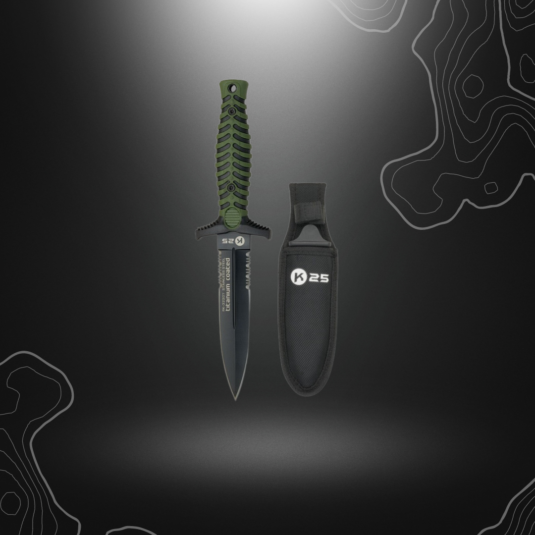 Robuste couteau de botte K25 avec revêtement titane vert, lame en acier inoxydable, manche en caoutchouc et étui en nylon