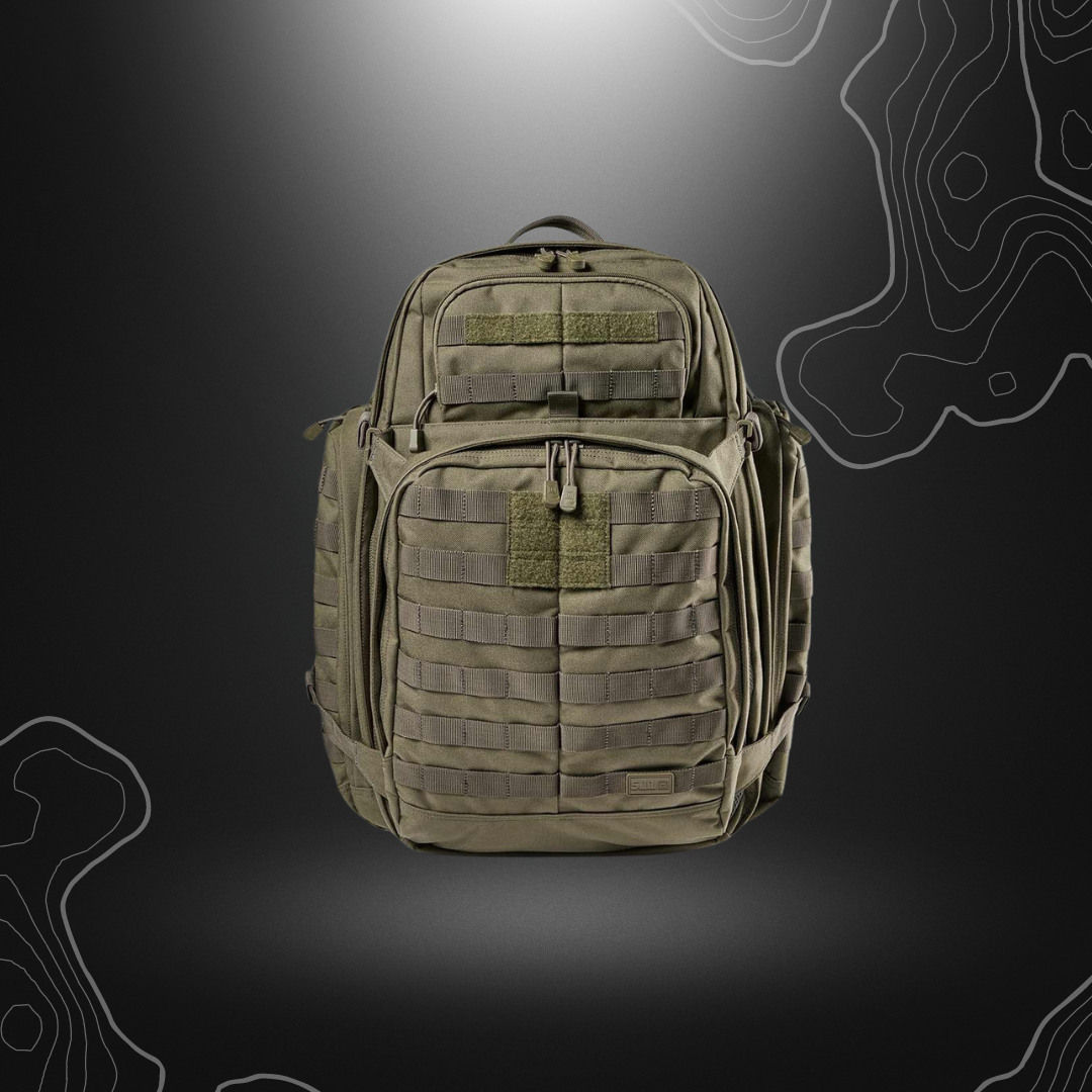 Vert Olive Sac à dos tactique Rush™ 72 de 5.11, résistant et fonctionnel avec grand volume de 55L, nombreux compartiments et fourre-tout extérieur pour missions de plus de 36h.