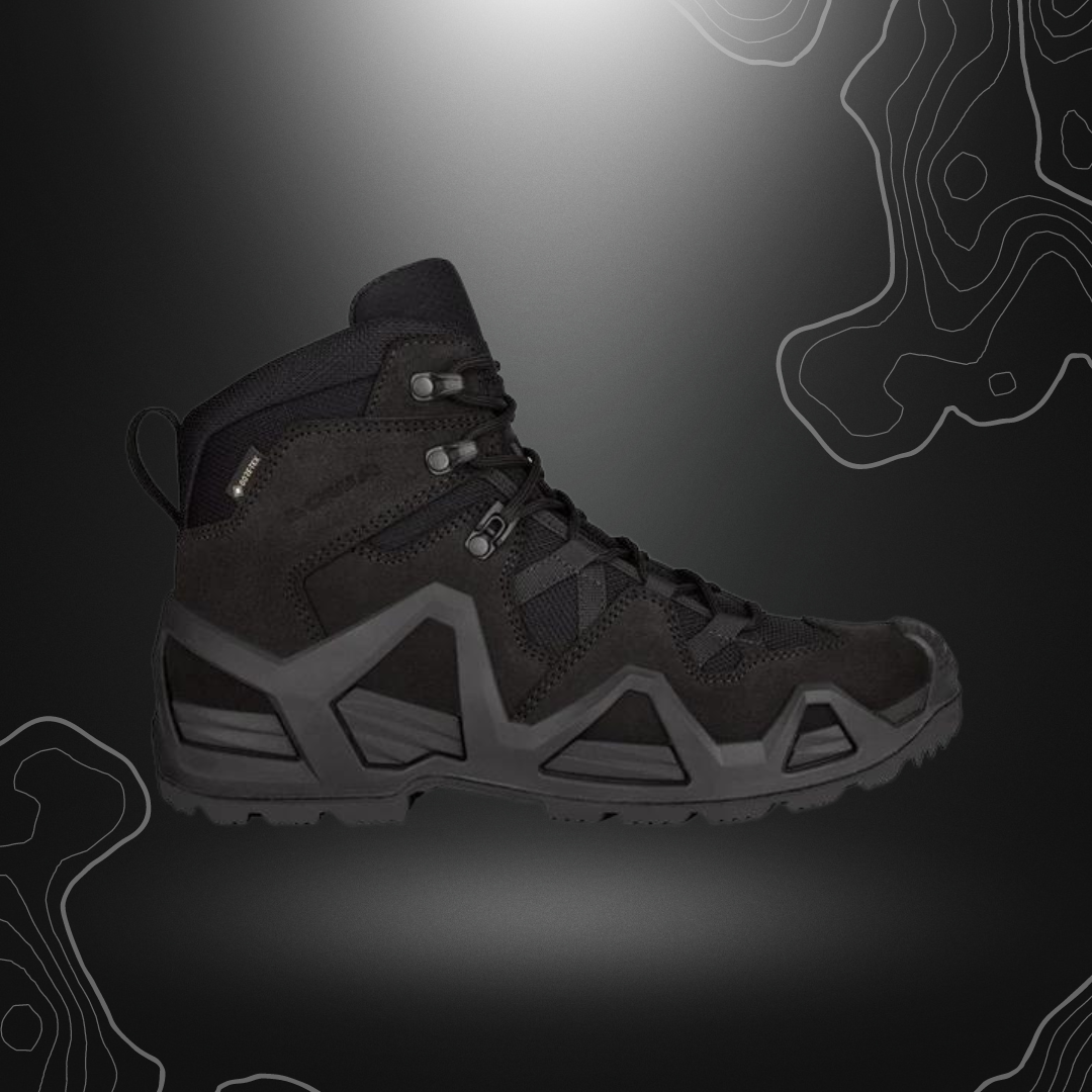 Chaussures noires Zephyr GTX Mid MK2 de Lowa, résistantes et performantes avec semelle intermédiaire isolante et semelle extérieure antidérapante.