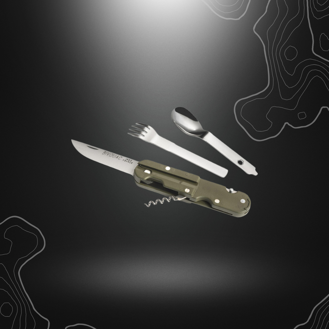 Vert multifonction pocket knife Bivouac® by TB Outdoor, made in France, with integrated fork and spoon, perfect for outdoor activities.