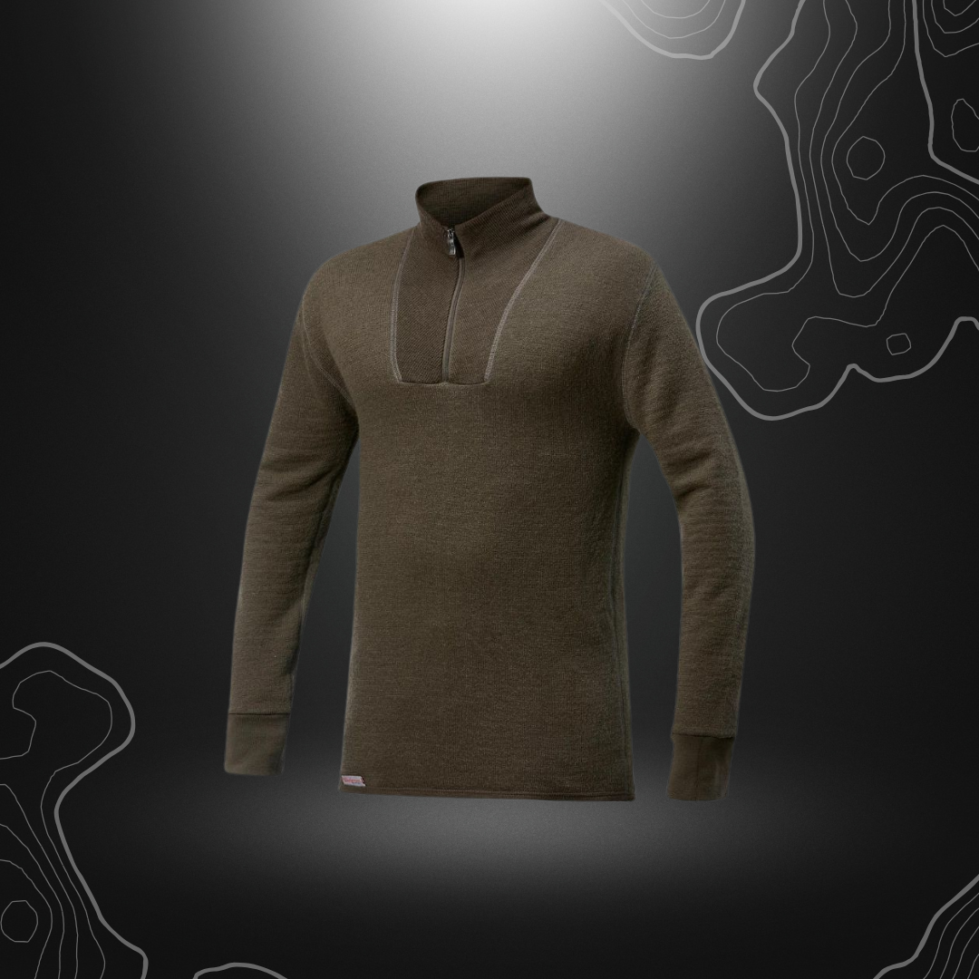 Vert olive Gilet Ulle Frottée Zip Turtleneck 400 de Woolpower en laine mérinos, polyamide et élasthanne