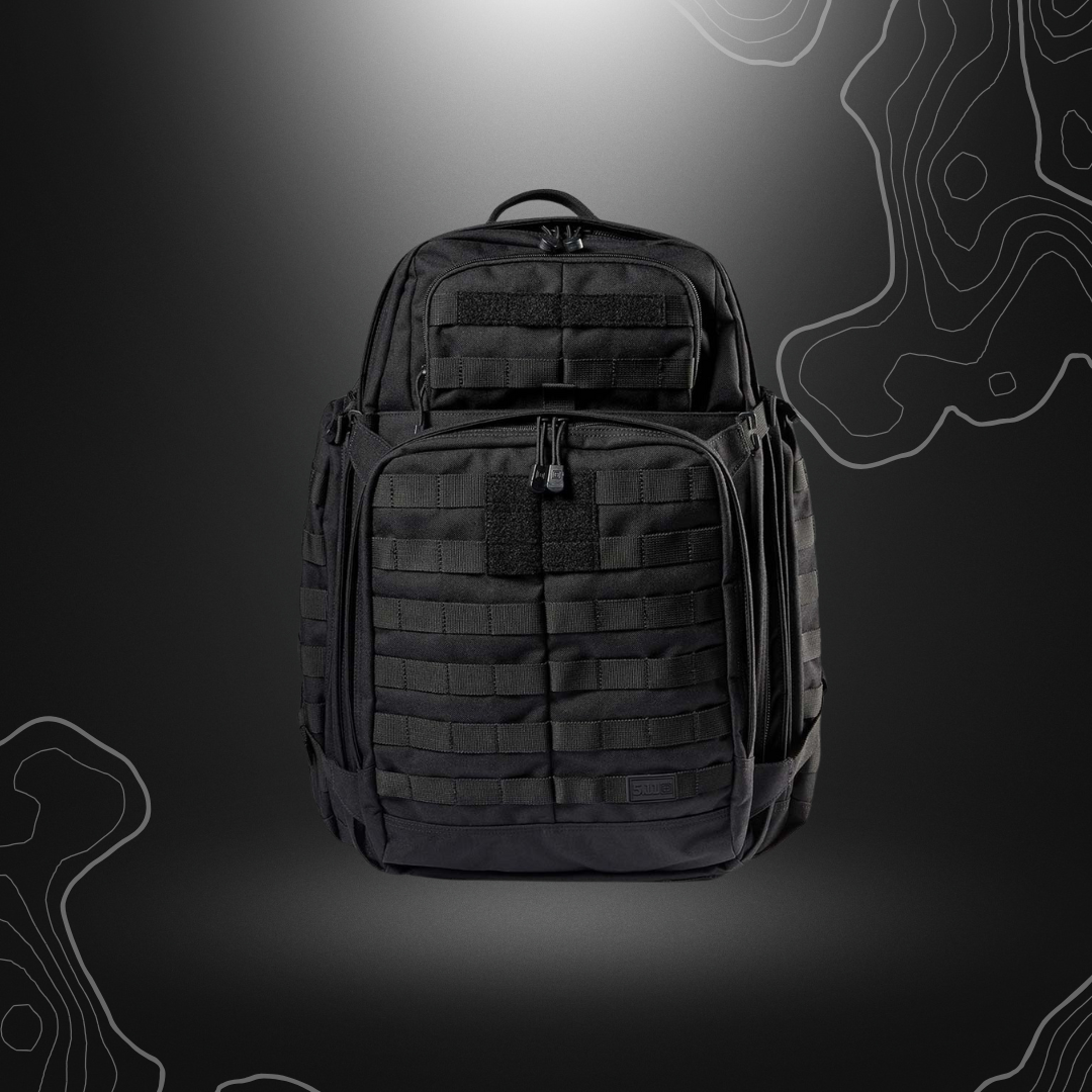 Sac à dos militaire tactique Rush 72H noir de 55 litres avec de nombreux compartiments et poches, résistant à l'eau et avec un grand volume d'emport.