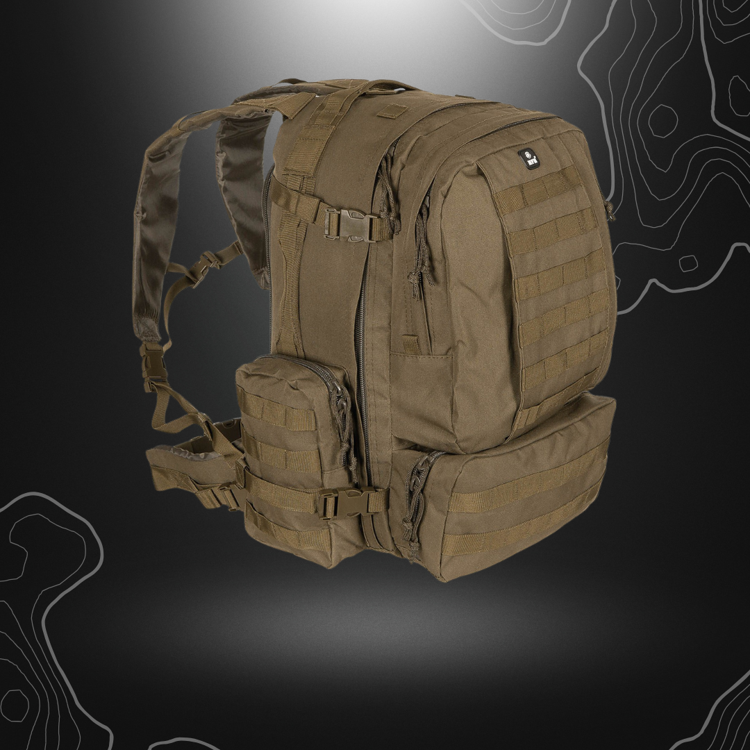 Sac à dos tactical modular 45L Coyote MFH avec plusieurs poches, sangles de MOLLE, bretelles ajustables et rembourrées, compartiment principal avec fermeture éclair, partie dorsale rem