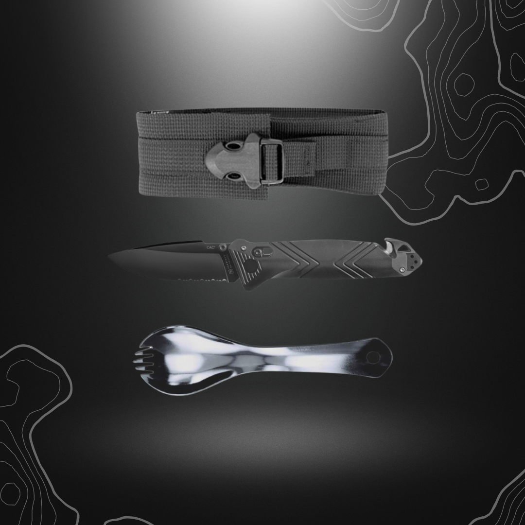 Pack complet Tatoo Cac Noir TB Outdoor comprenant un couteau pliant multifonctions, une cuillère-fourchette en inox poli et un étui textile