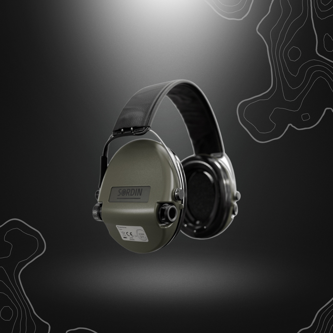 MSA Sordin Supreme Pro, casque anti-bruit vert olive avec serre-tête en cuir noir, microphones et système sonore pour protection auditive et conversation, coquilles repliables et étanches.