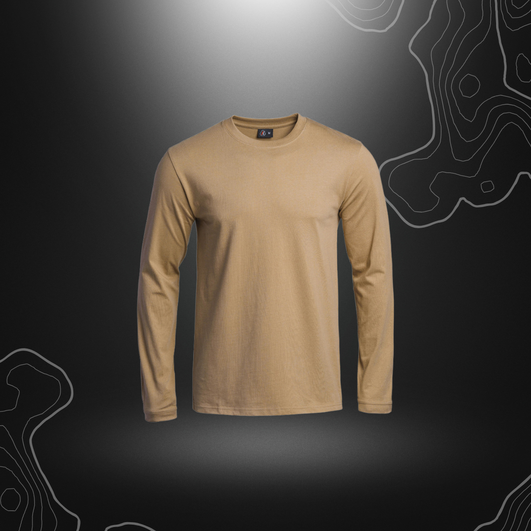 Man wearing a tan, long-sleeved, 100% cotton T-shirt from A10 Equipment's STRONG line, available in sizes XS to 3XL, Oeko-Tex Standard 100 certified