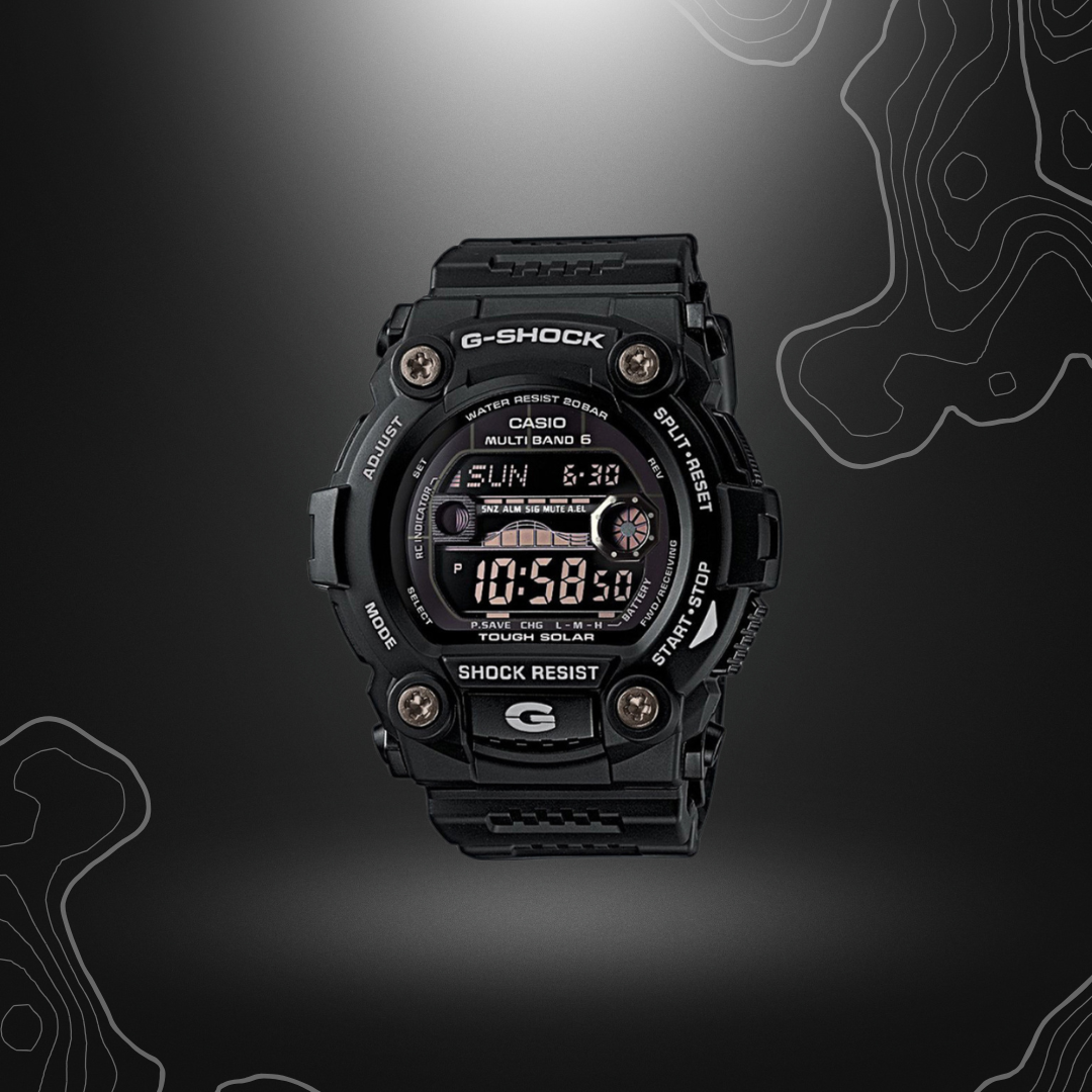 Montre G-Shock GW-7900B noire de Casio, résistante et solaire, avec cadran en verre minéral, boîtier et bracelet en résine, et diverses fonctionnalités comme