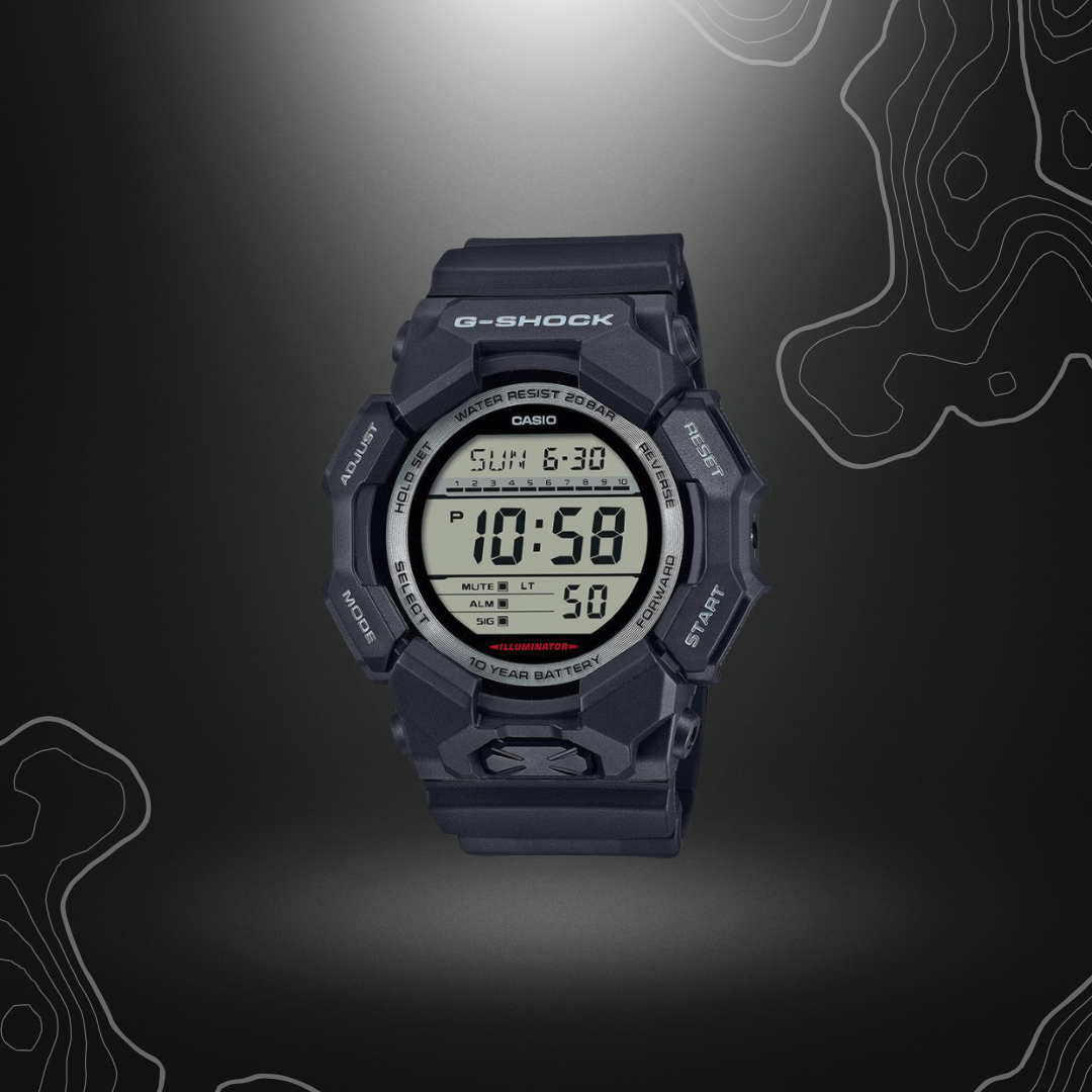 Montre numérique G-Shock GD-010 de Casio, avec heure universelle, éclairage LED, en résine biosourcée, étanche et longue durée de vie de la pile, en couleur noire