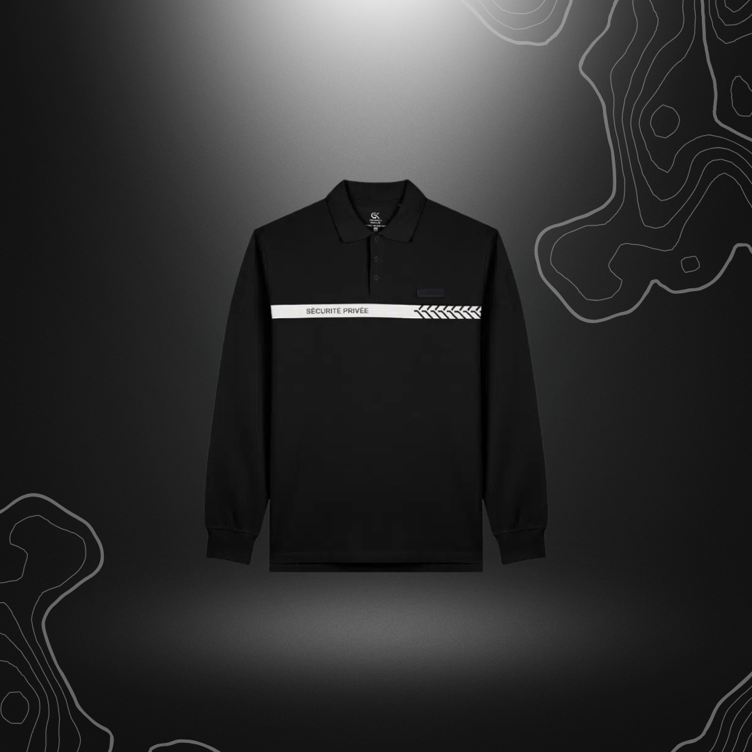 Un polo noir à manches longues GK SAFETEK® avec inscriptions 'SÉCURITÉ PRIVÉE', conçu pour les professionnels de la sécurité privée, alliant confort, fonctionnalité et style.
