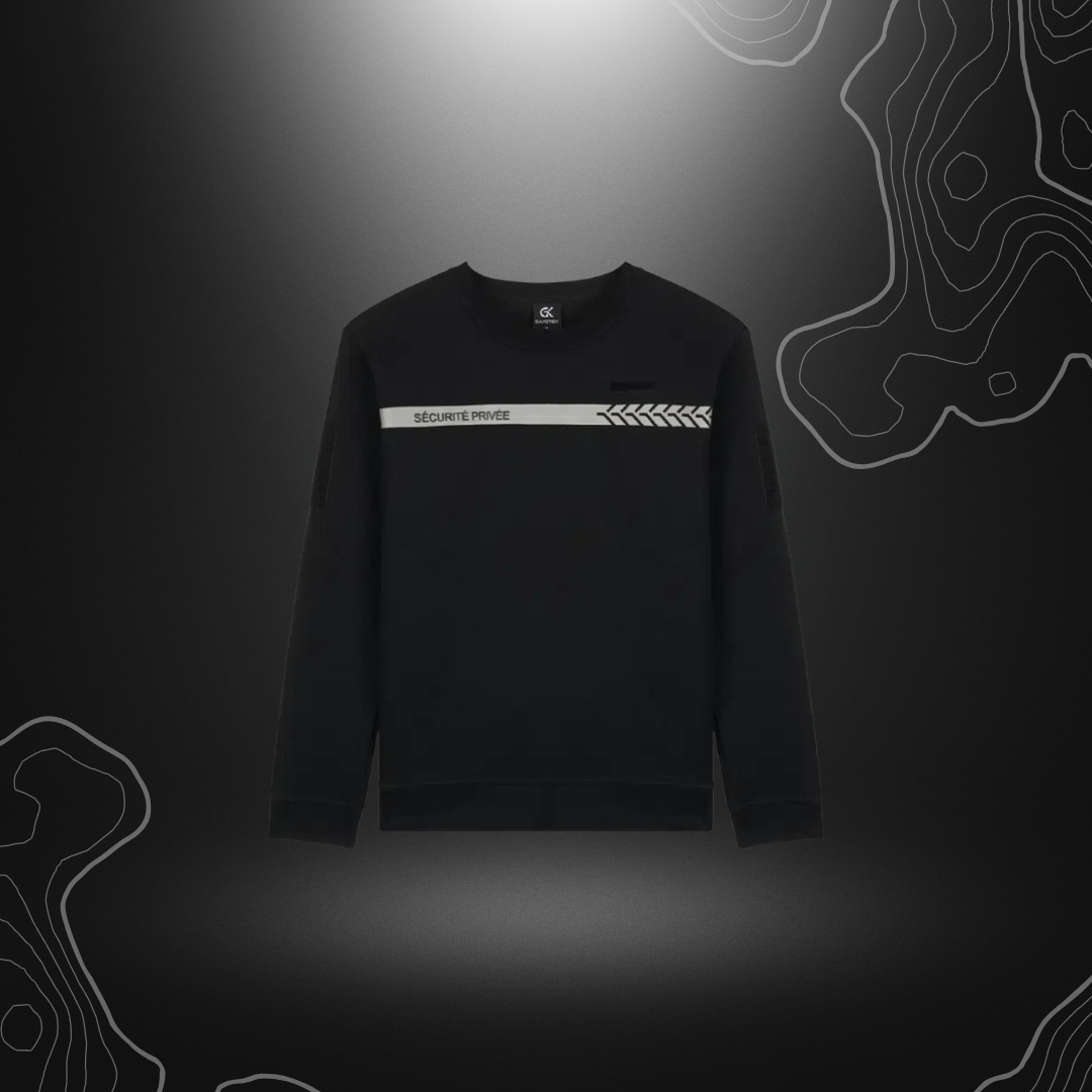 Sweat sécurité privée noir avec bande grise de marque GK SAFETEK®, avec marquage rétroréfléchissant pour une visibilité optimale