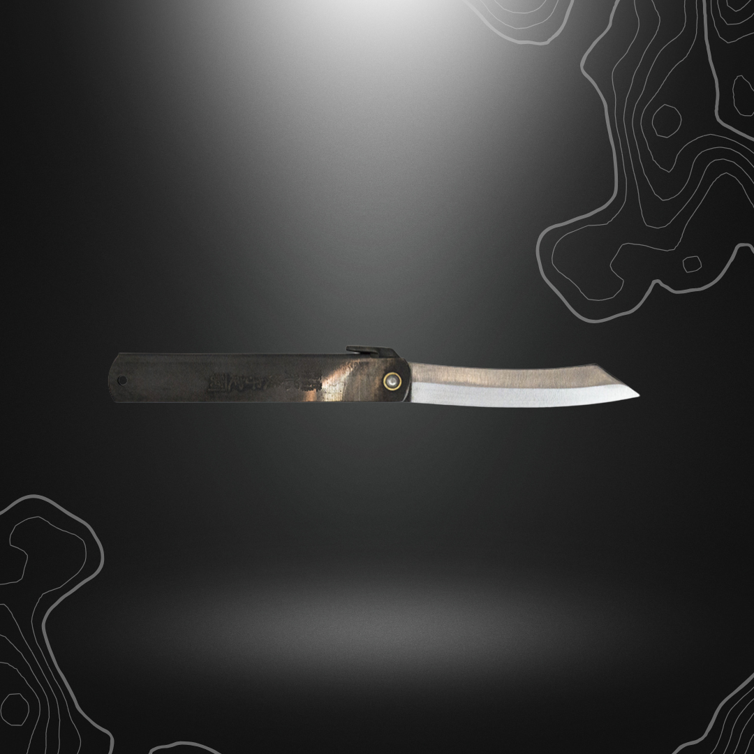 Couteau pliant Higonokami Kane Tsune avec lame en acier haute carbone de 90 mm, manche en acier noir, tranchant lisse, et cran de sécurité forcé - Fabriqué au J