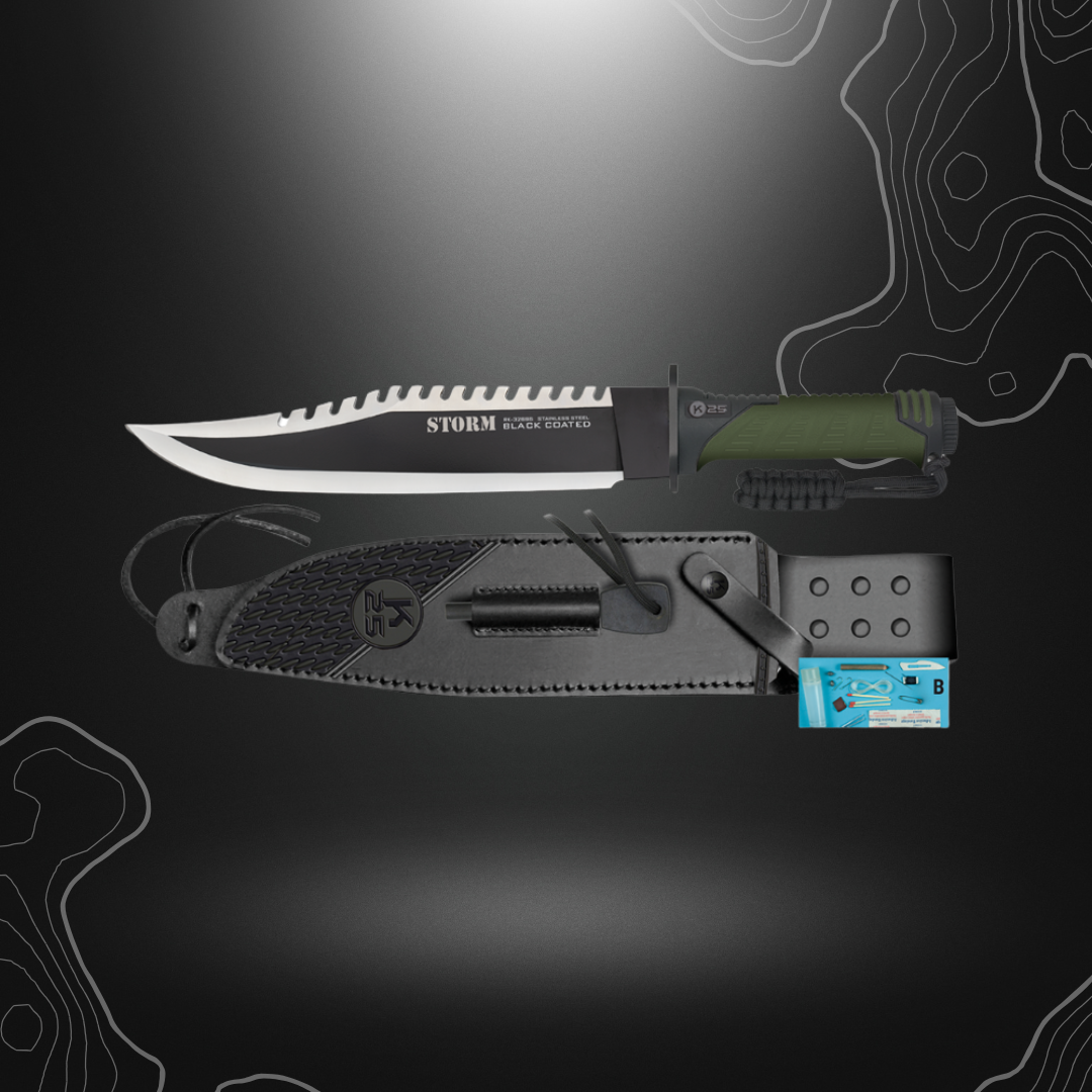 Poignard tactique vert K25 avec lame mixte, ref. 32695, doté d'une lame en acier inox, un manche grip kaki et noir, livré avec un kit de survie, s