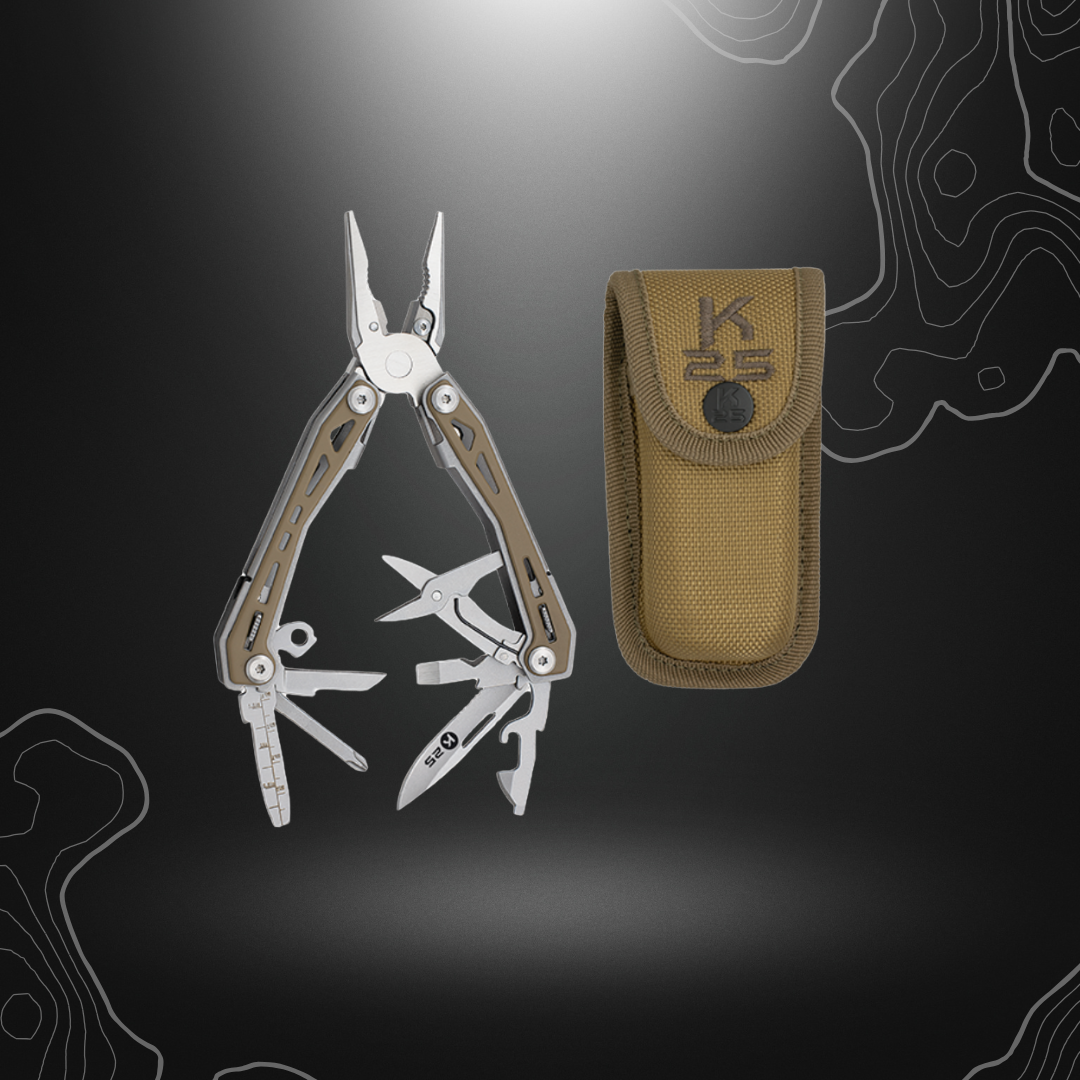 Pince multifonctions K25 Coyote 11150 compacte et durable en acier 3Cr13Mov avec finition satinée et poignée en aluminium de couleur coyote