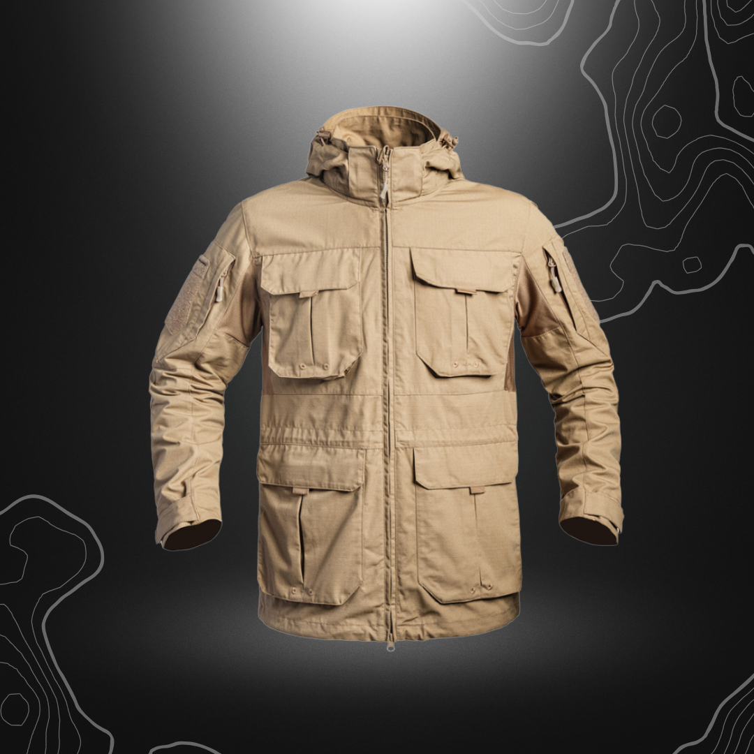 Veste longue Fighter de A10 Equipment résistante et fonctionnelle avec capuche amovible et poches multiples