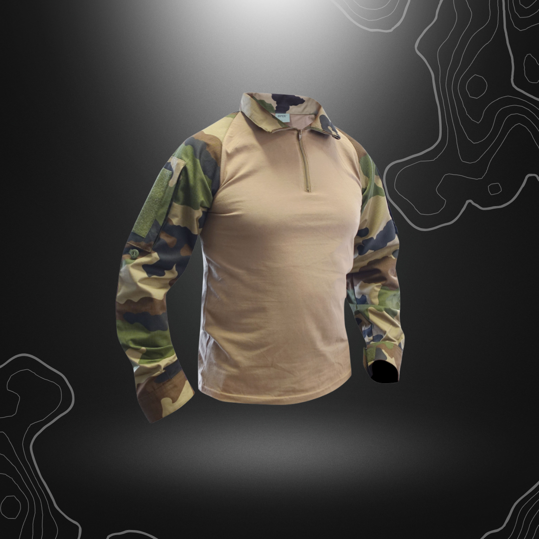 Chemise de combat UBAS en coton Cam CE, conçue pour être portée sous le gilet de combat, avec poches inclinées sur les manches et empiècements aux coudes