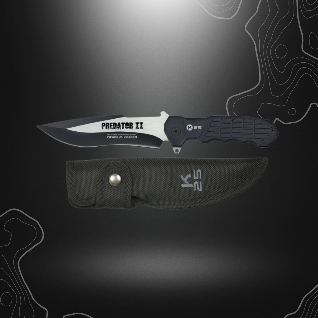 Robuste couteau tactique K25 PREDATOR-2 avec lame fixe en acier inoxydable et manche en aluminium recouvert de caoutchouc