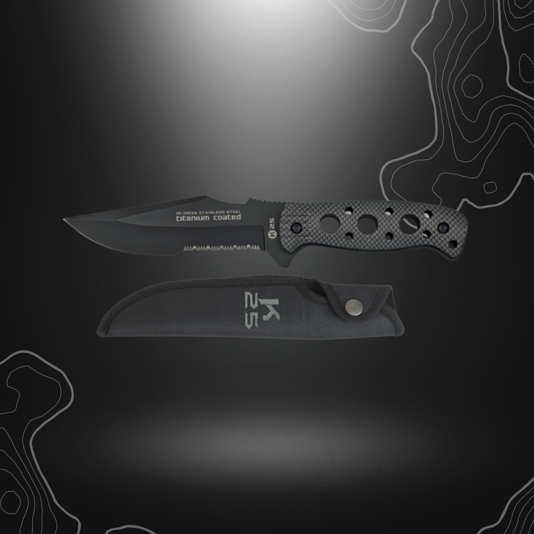 Robuste et polyvalent couteau tactique K25 31824 avec lame fixe en acier revêtue de titane et manche en aluminium, idéal pour les activités en plein air.