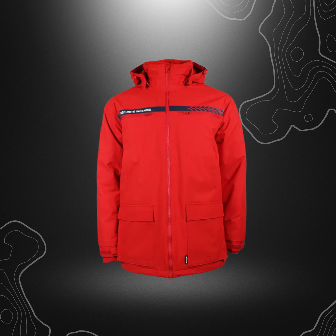 Parka Sécurité Incendie rouge GK SAFETEK® résistante et imperméable pour professionnels, avec isolation thermique et plusieurs poches pour rangement sécurisé