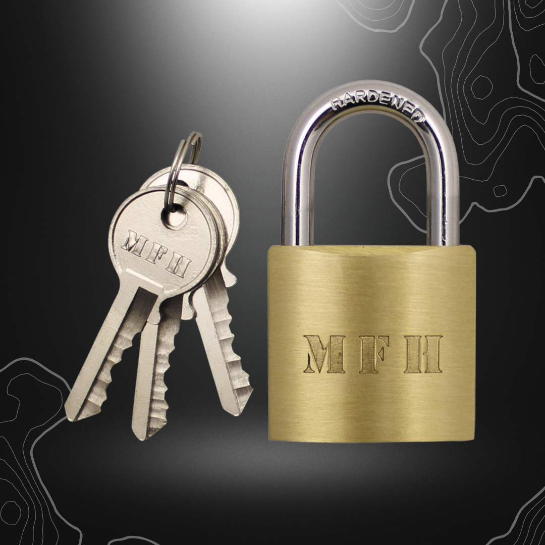 Alt tag pour un cadenas en métal 6x4 cm avec 3 clés de la marque MFH, utilisable universellement pour sécuriser des armes, des casques de protection, des sacs à dos et