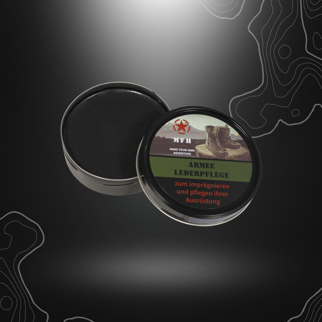 Pot de cirage pour chaussures 'ARMY' noir 150ml de MFH, adapté pour tous types de cuir, hydrofuge et de haute qualité pour un entretien optimal des chaussures
