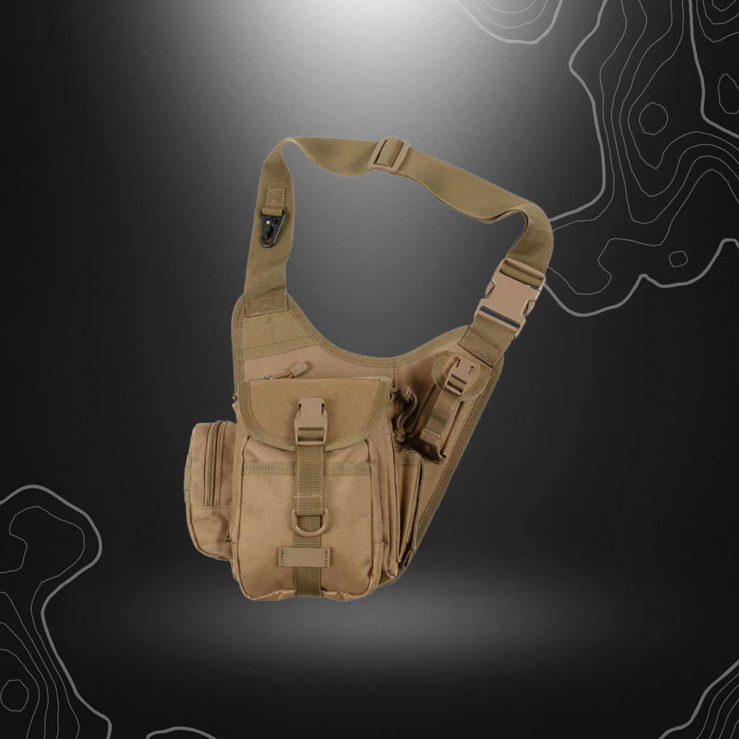 Sac bandoulière Coyote MFH en polyester, avec bandoulière réglable, plusieurs poches zippées et compartiments, dimensions 30x35x10cm, poids 600g.