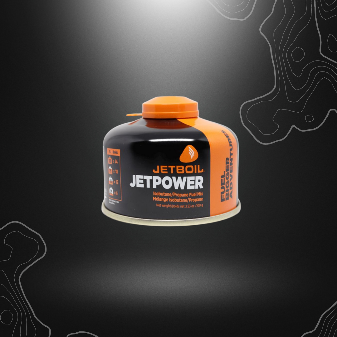 Cartouche de gaz Jetpower 100gr pour réchaud de camping Jetboil, composée d'Isobutane, de Propane et de Butane pour une performance optimale même dans des conditions de froid extr