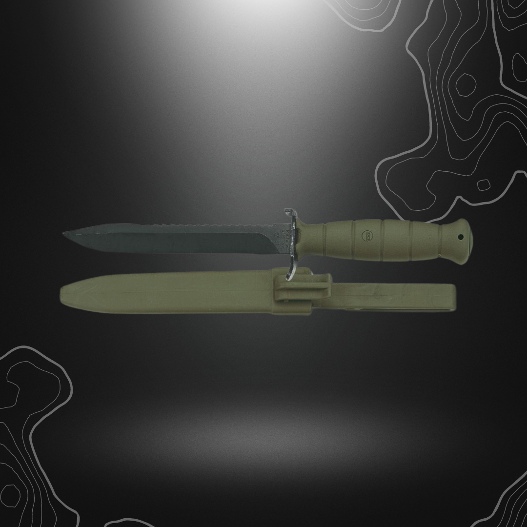 Poignard à lame fixe avec scie, couleur vert olive, de marque Glock, en acier spécial durci avec revêtement noir anticorrosif, longueur totale de 29cm, lame de 16,