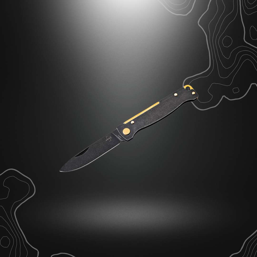Atlas Black Stonewash Copper lame 71mm de Boker Plus, lame de 7,2 cm en acier inox 12C27 avec une finition noire délavée, manche en acier et laiton