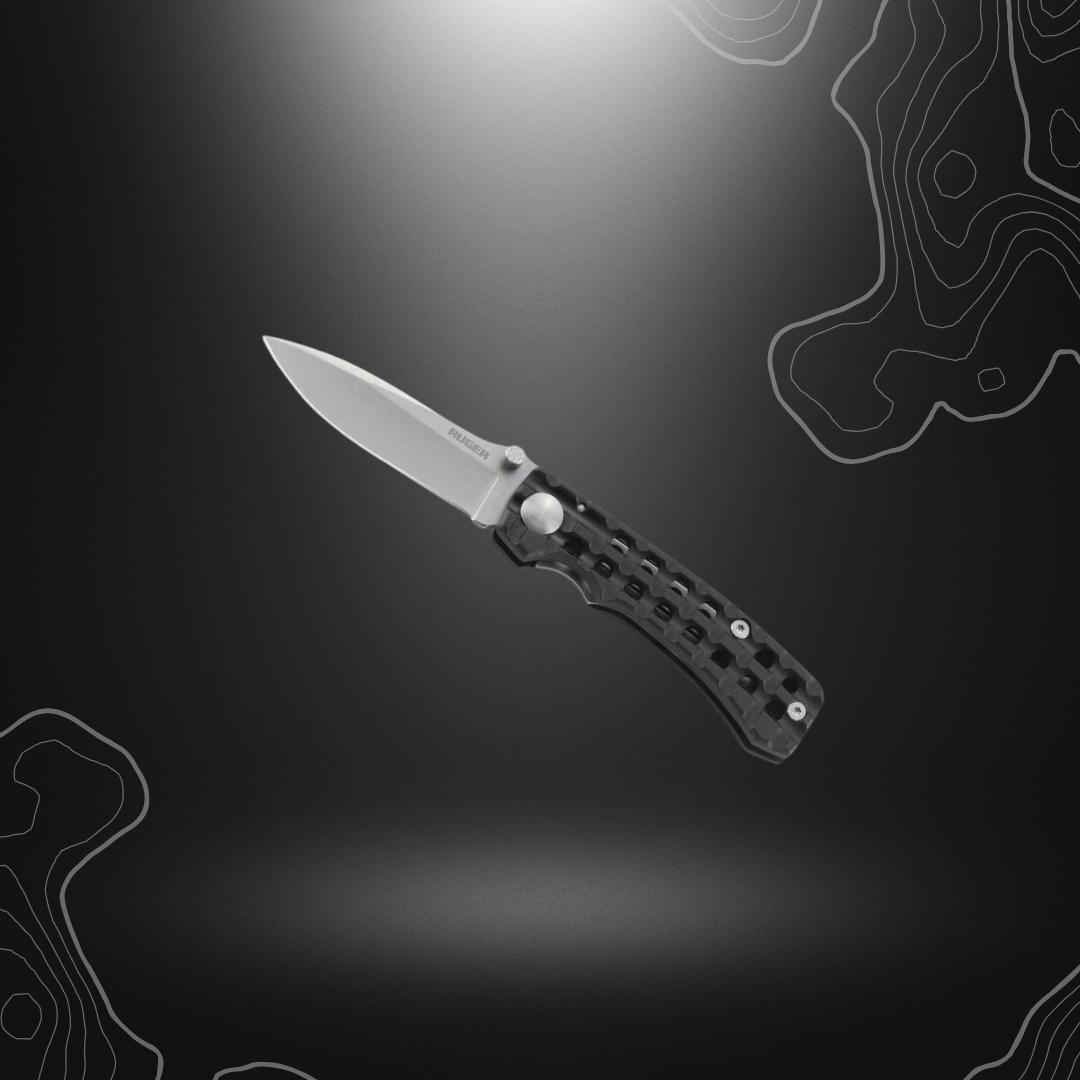 CRKT-RUGER GO-N-HEAVY COMPACT Knife with stonewashed steel blade, black anodized aluminum handle, and nylon sheath