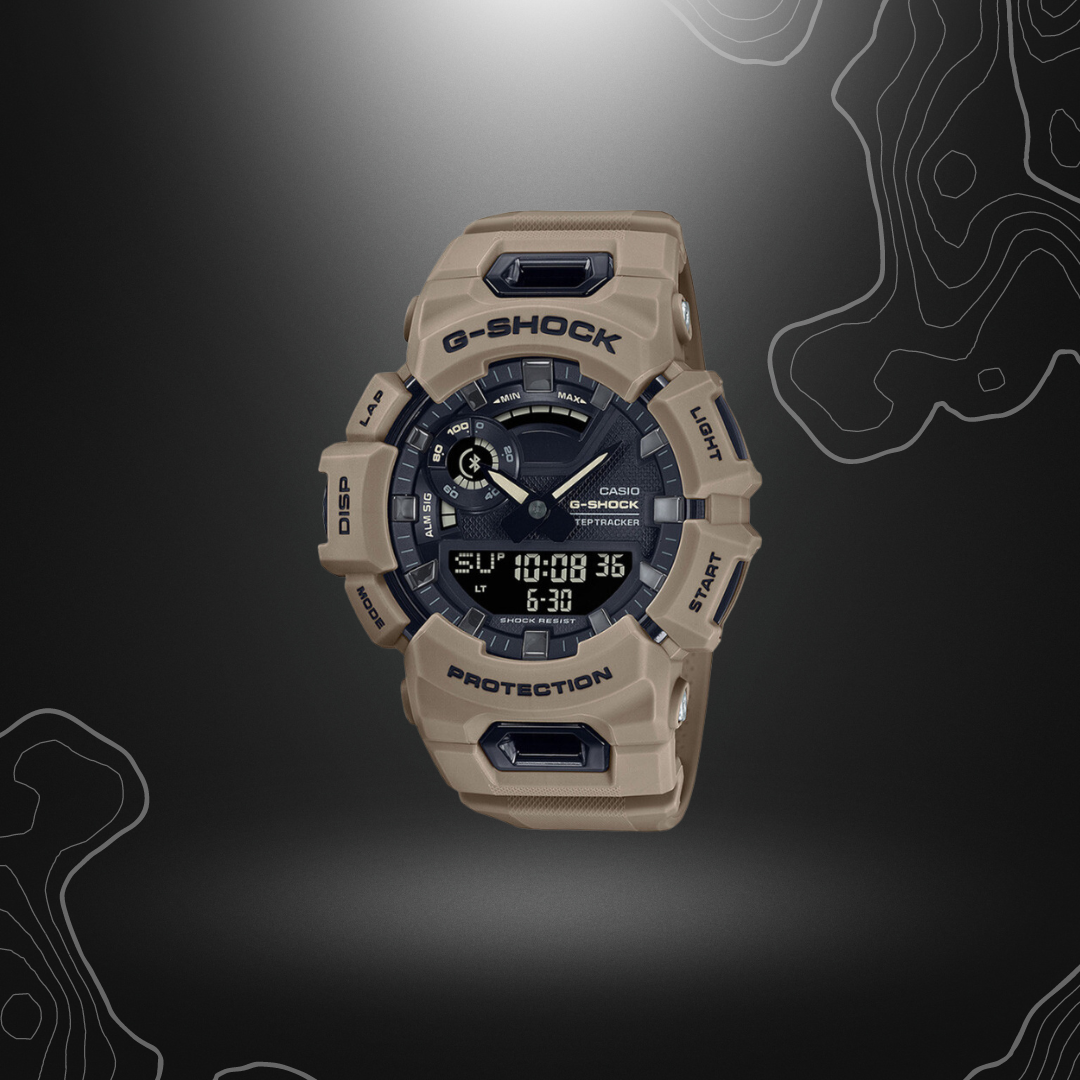 Montre sportive connectée G-SHOCK GBA-900 avec cadran en verre minéral et bracelet en résine, synchronisation via Bluetooth, fonction podomètre et alarmes, étanche jusqu'à 20 bars