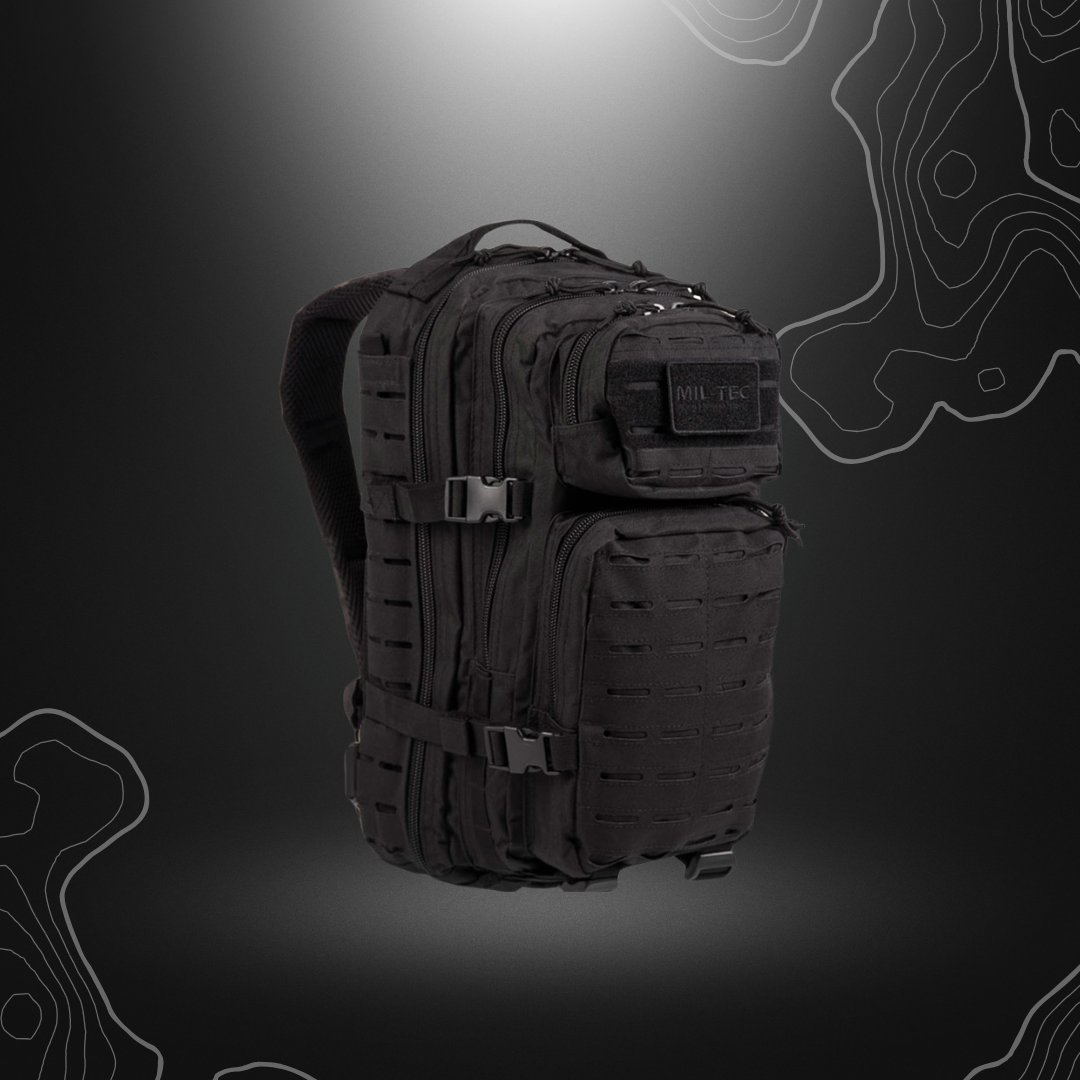 Sac à dos militaire noir Mil-Tec US Assault Laser Cut 20L avec renforcement dorsale, ceintures épaule, sangles de compression et compartiment pour hydropack