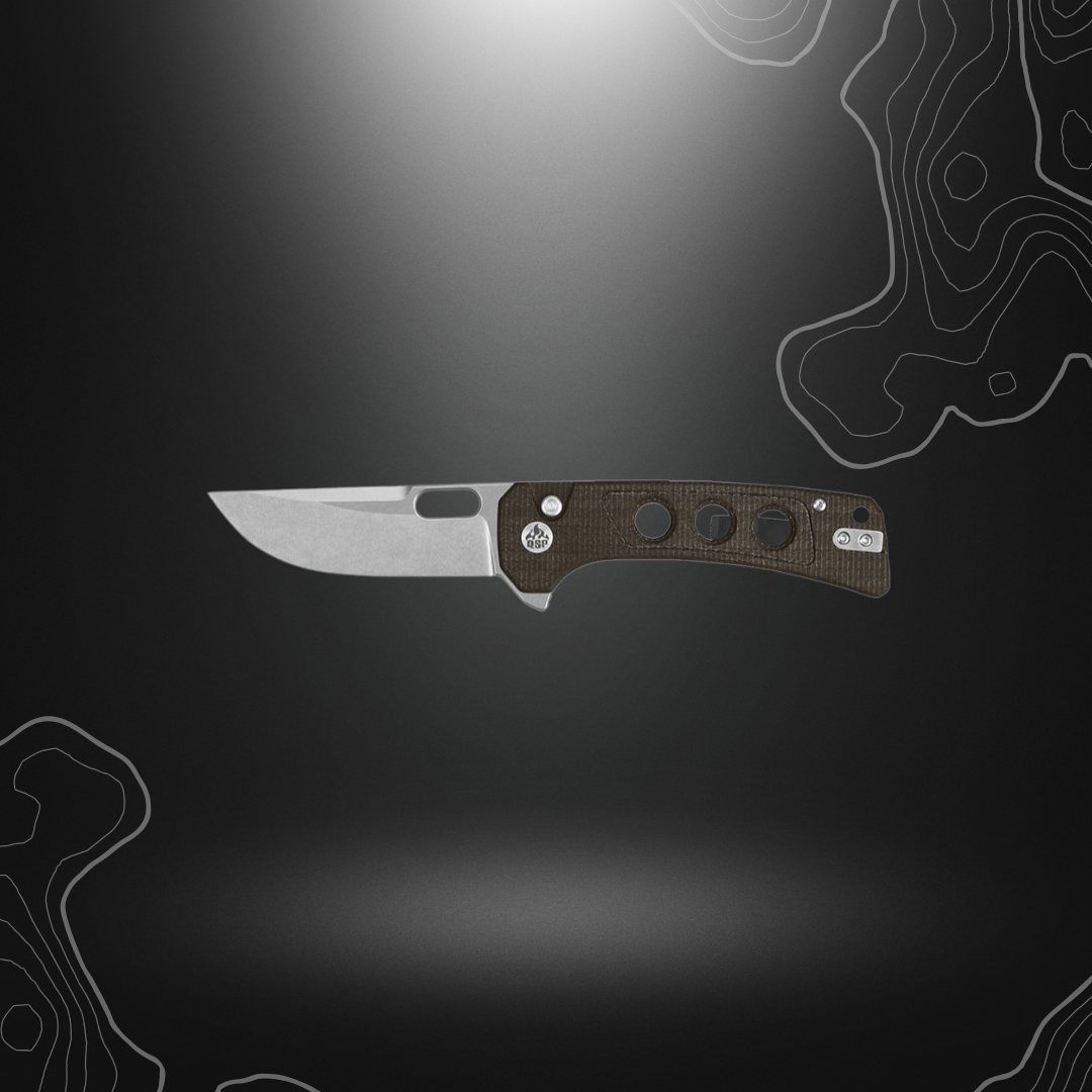 QSP Unicorn couteau en micarta marron avec lame ajourée en acier et mécanisme de verrouillage button lock