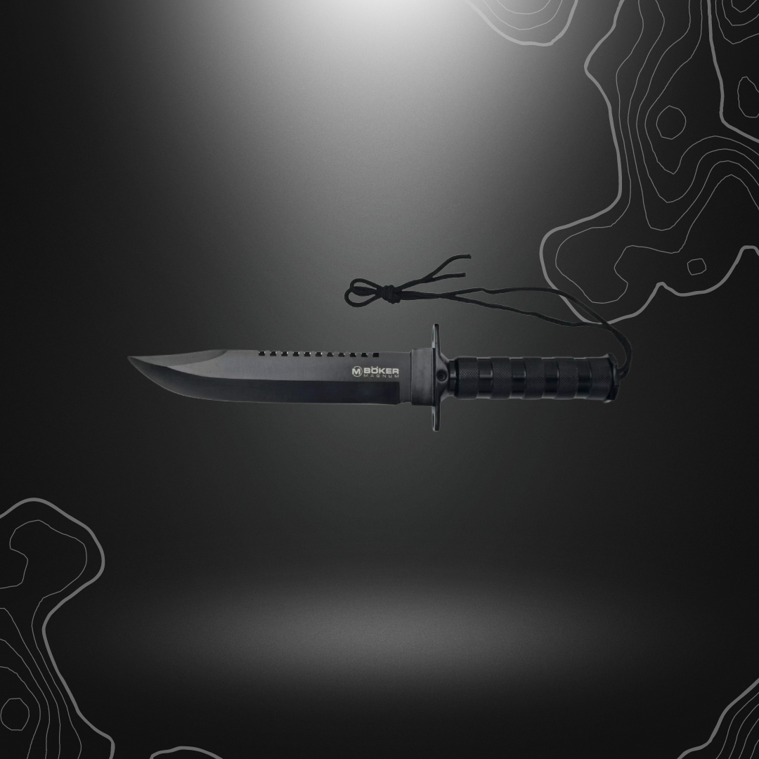 Poignard de survie noir Boker Magnum avec lame de style Rambo, scie dentelée et compartiment étanche contenant pansement, fil de pêche, aiguille et allumettes
