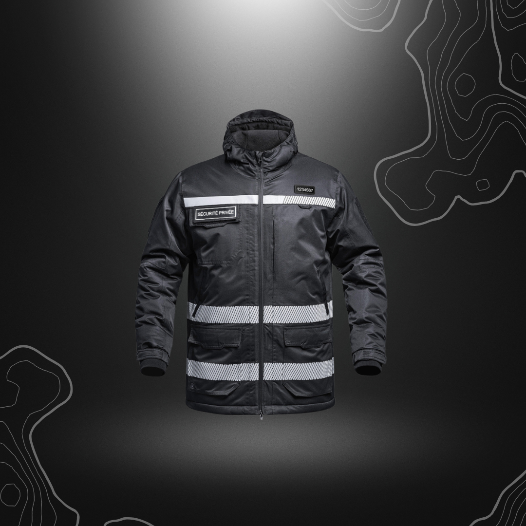 Parka Hardshell SÉCU-ONE WF 150 HV-TAPE pour sécurité privée noire avec bandes rétro-réfléchissantes et isolation thermique, offerte par A10 Equipment
