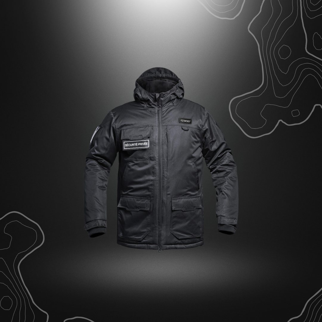 Parka Hardshell Sécu-One de Sécurité Privée noir, résistant aux conditions météorologiques difficiles, offrant isolation thermique et fonctionnalité, disponible chez A10 Equipment.