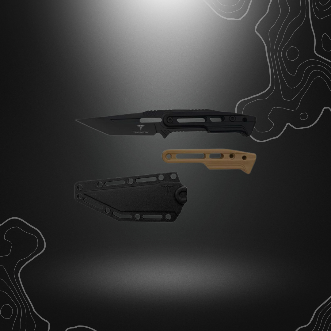 Poignard Heat Takumitak avec lame fixe tanto en acier et manche à trous, couleurs noir et marron, livré avec étui compatible MOLLE