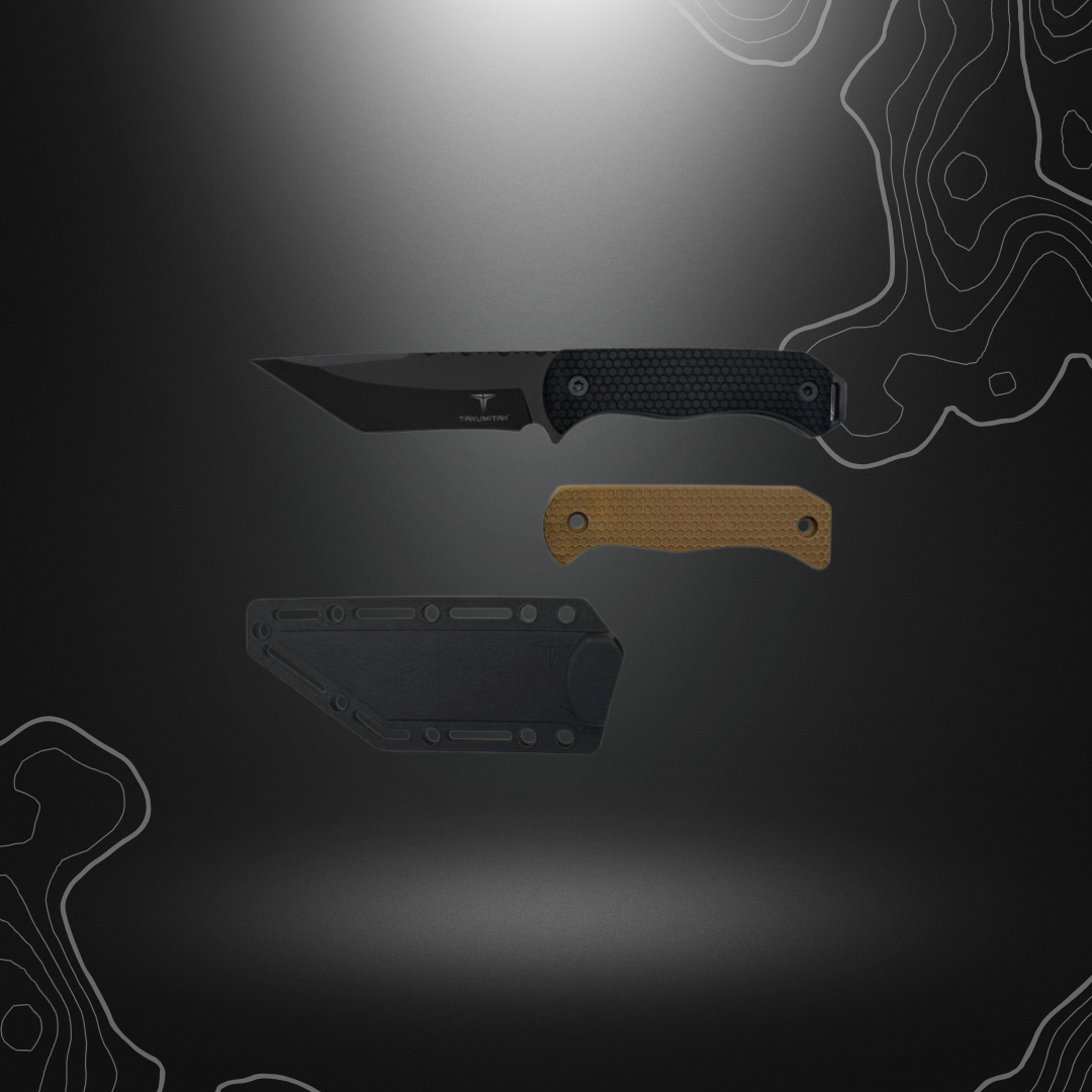 Poignard Scalpel Takumitak TKF312 avec lame fixe en acier, manche en FRN noir et plaquettes interchangeables, livré avec étui noir compatible MOLLE