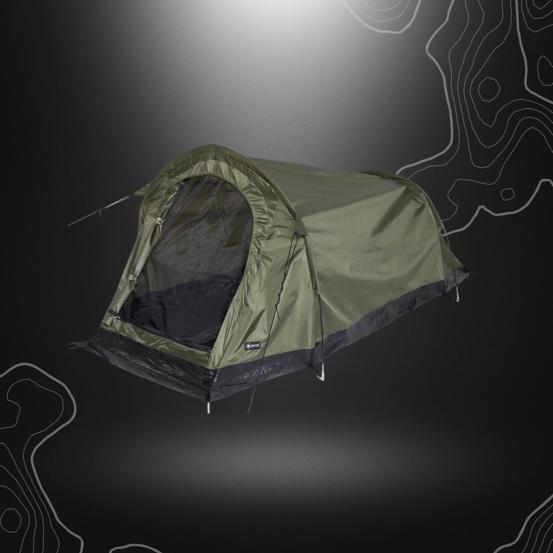 Robuste tente tunnel 2 places vert olive MFH avec moustiquaire, tapis de sol imperméable et sardines en acier, poids 1600g, dimensions 220 x 130 x 100