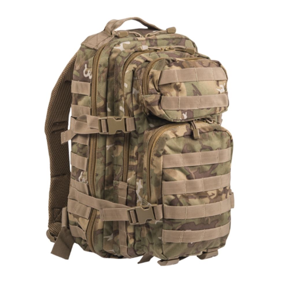 Sac à dos militaire US Assault 20L Multicam de Mil-Tec avec renforcement de dos, ceintures épaule ergonomiques, poches zippées et fixations Molle.
