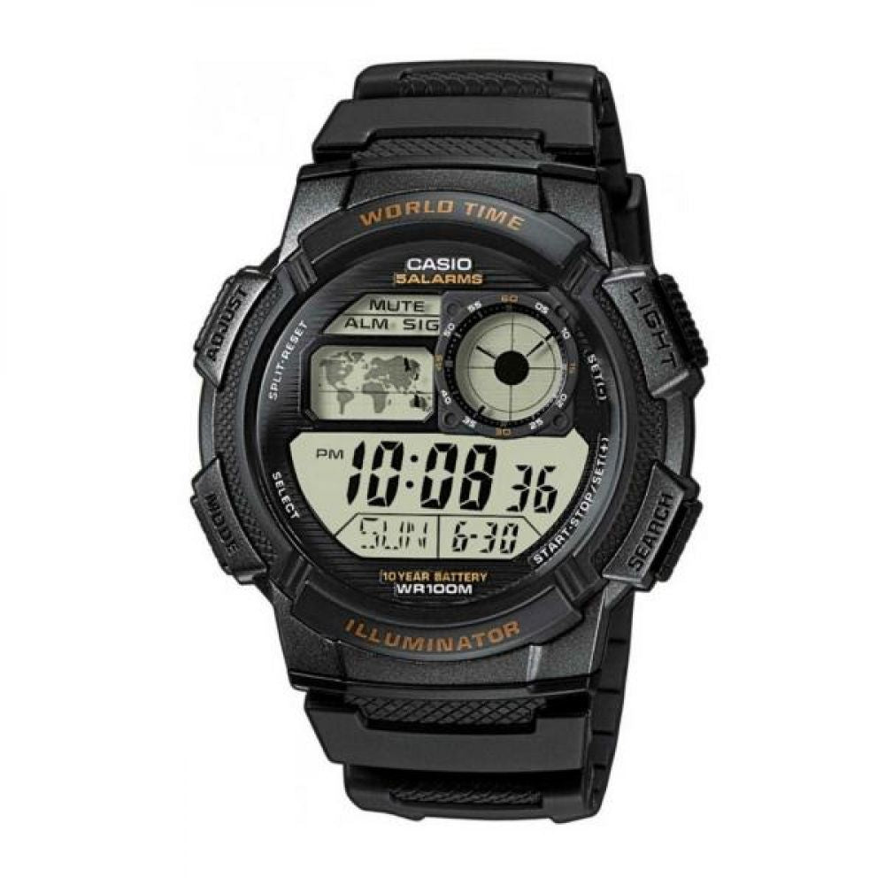 Montre Casio AE-1000W-1AVEF noire avec batterie de 10 ans, cadran de type tableau de bord d'avion, carte du monde pour heure mondiale, écran analogique LC et ét