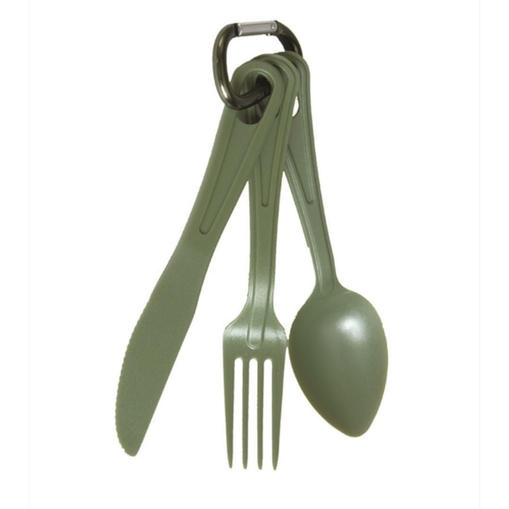 Kit de couverts 3 pièces en polycarbonate vert olive, incassable, de la marque Mil-Tec, incluant un couteau, une cuillère et une fourchette.