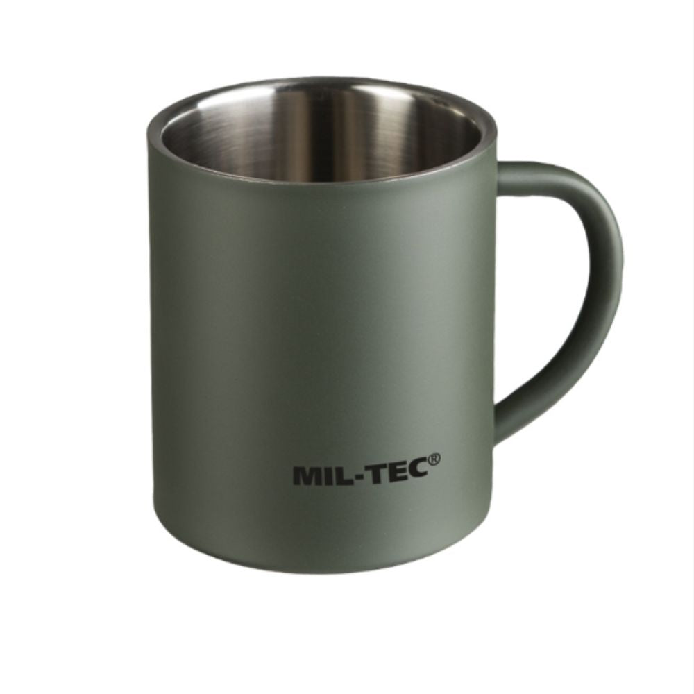 Mil-Tec 300ml vert olive en acier affiné, tasse incassable avec finition dépolie, hauteur de 9cm et diamètre de fond de 7,5cm