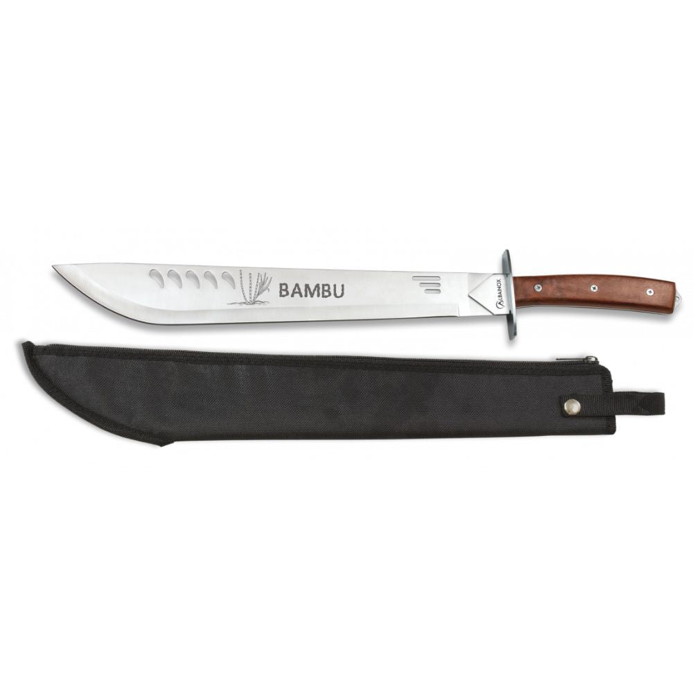 Une machette Albainox latine Bambu robuste et légère avec une lame en acier inoxydable et une poignée en bois pour une utilisation en plein air.