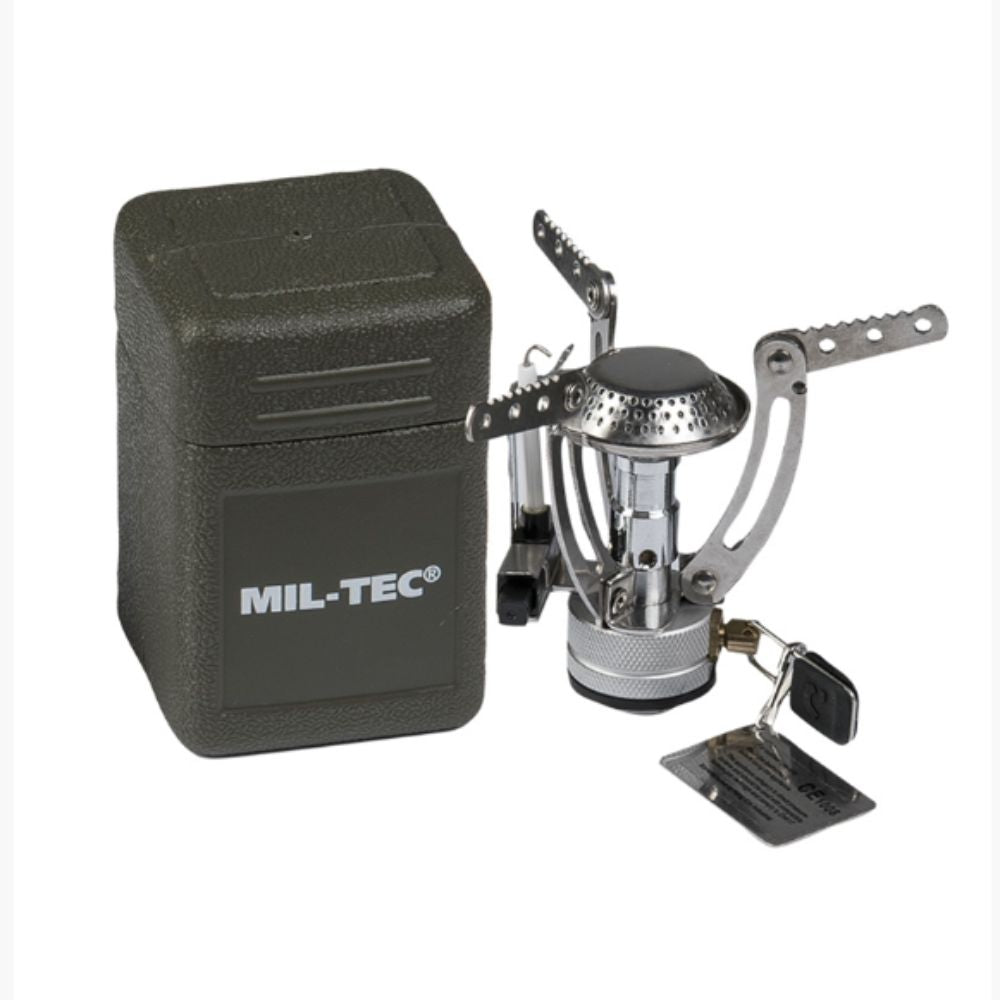 Réchaud Spider Mil-Tec en acier affiné avec valve en alliage d'aluminium et caisse de transport en polyéthylène, poids 135g, dimensions 10 x 6,5 x 6